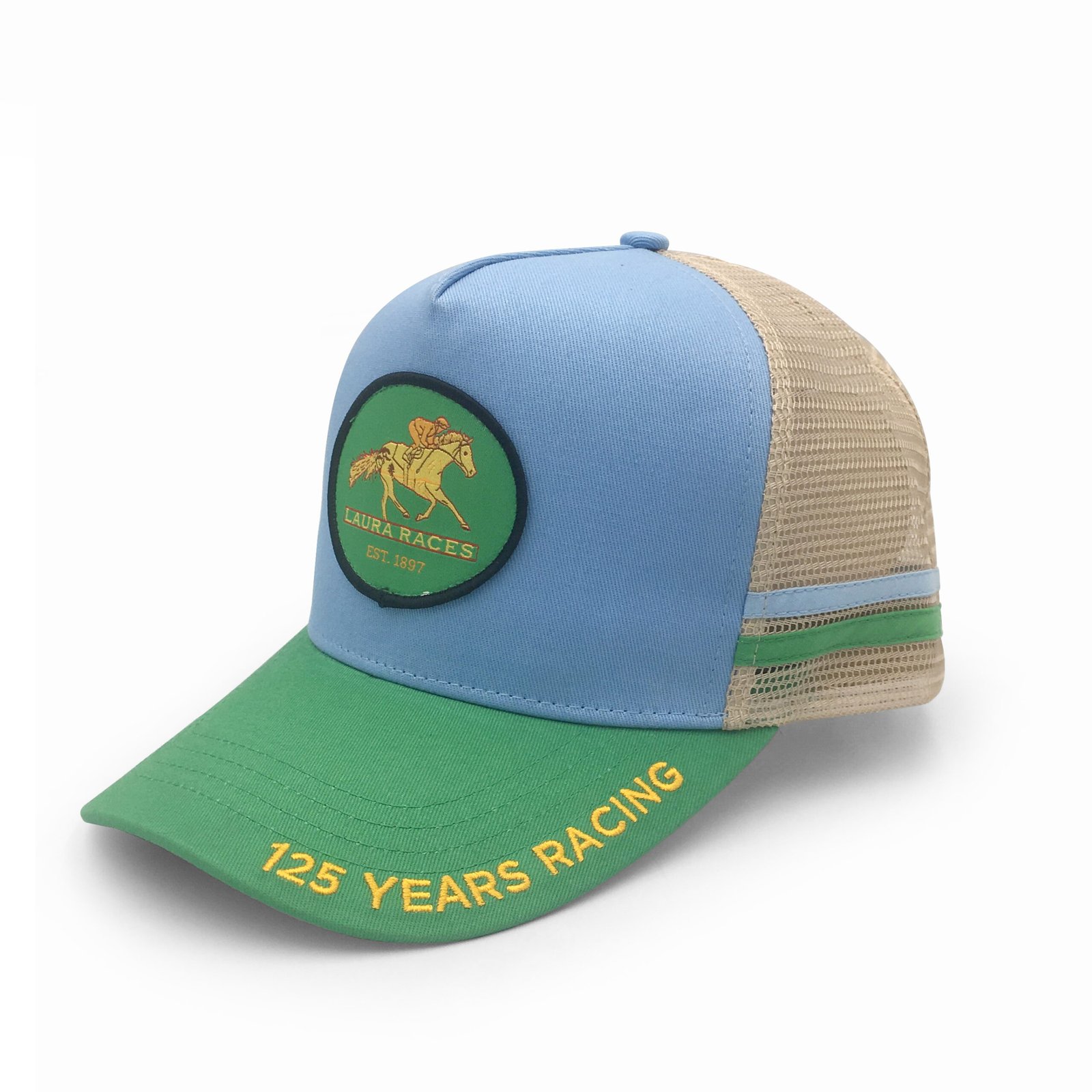 Custom Embroidered Patch High Crown Structured A-Frame Trucker Hat 5 Panel Two Tone Mesh Baseball Cap Wholesale - Image 2
