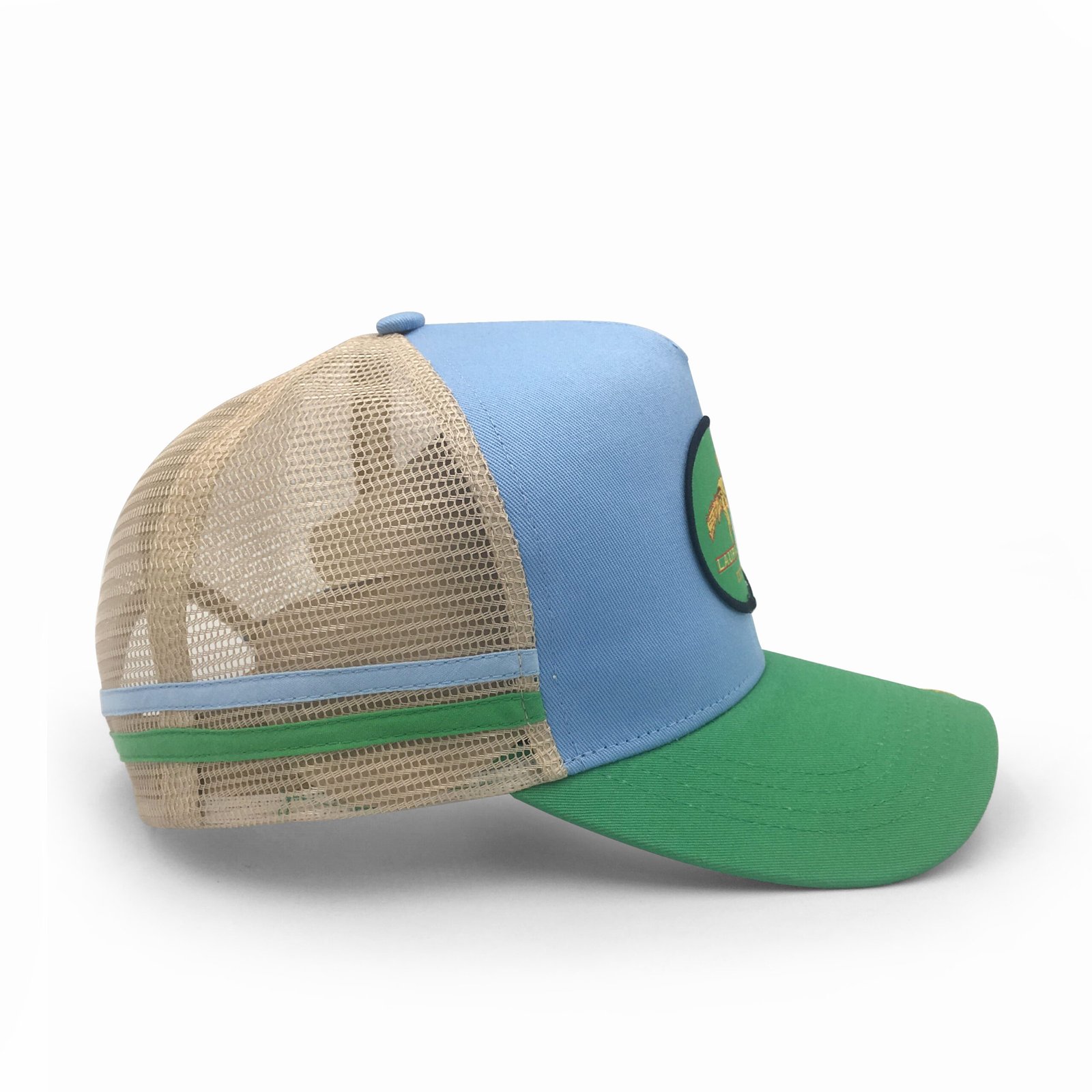 Custom Embroidered Patch High Crown Structured A-Frame Trucker Hat 5 Panel Two Tone Mesh Baseball Cap Wholesale - Image 5
