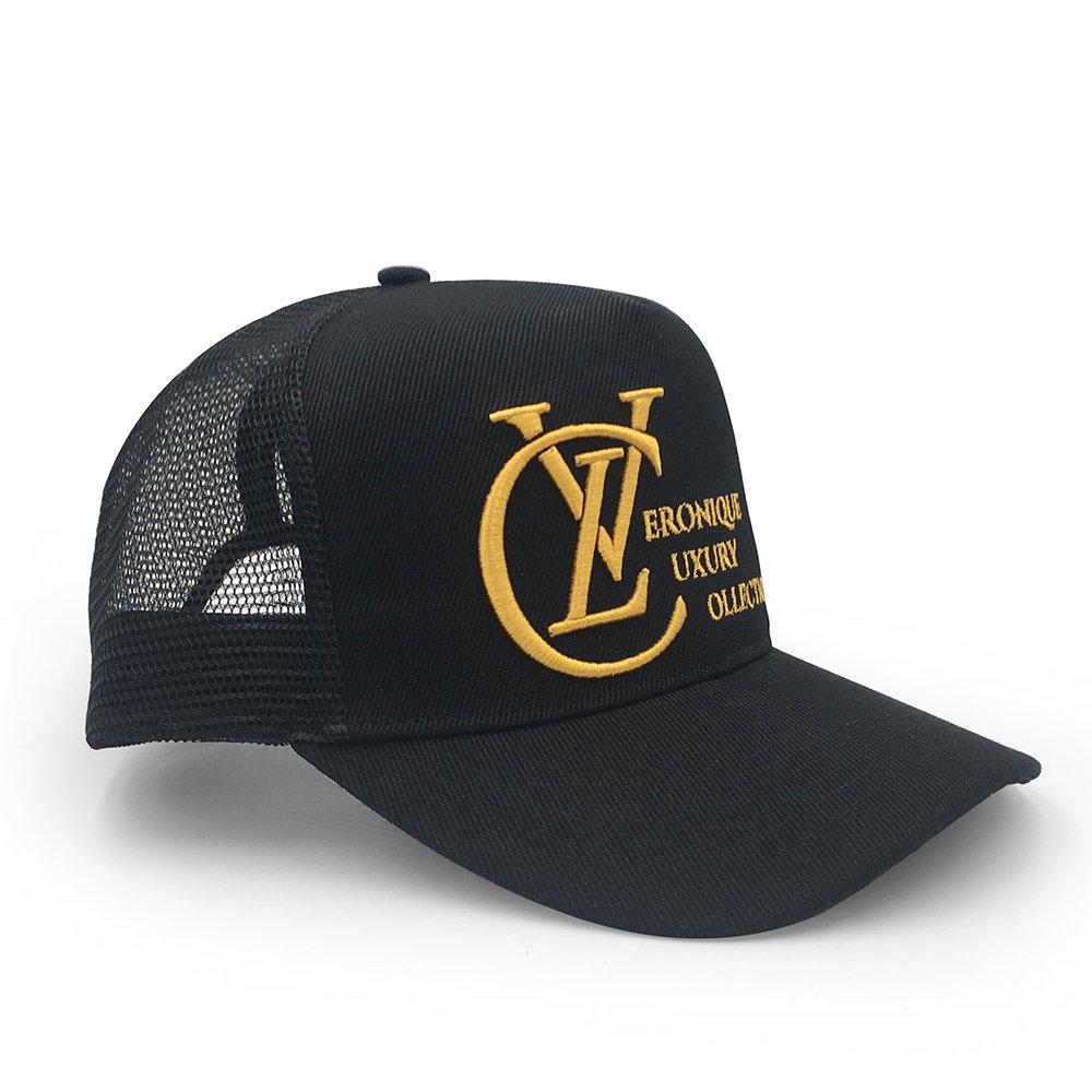 Oem Custom High Quality 5 Panel Cotton 3D Embroidery Logo Curved Brim Plain All Black Mesh Snap Back Trucker Cap Hat - Image 3