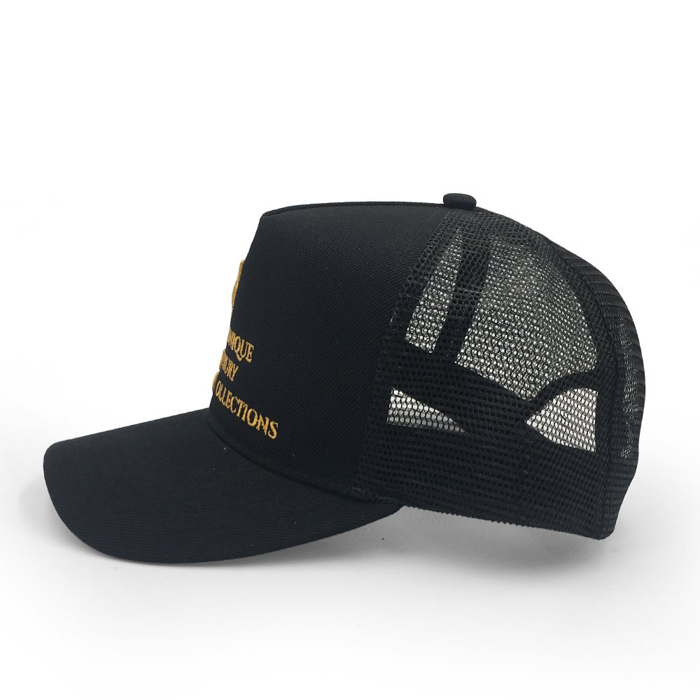 Oem Custom High Quality 5 Panel Cotton 3D Embroidery Logo Curved Brim Plain All Black Mesh Snap Back Trucker Cap Hat - Image 4