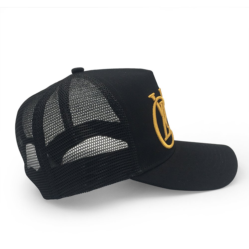 Oem Custom High Quality 5 Panel Cotton 3D Embroidery Logo Curved Brim Plain All Black Mesh Snap Back Trucker Cap Hat - Image 5