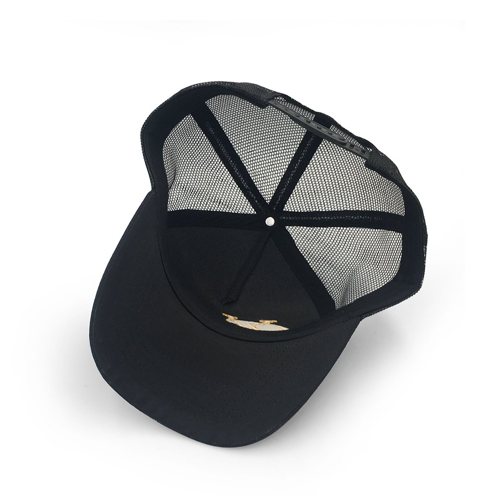 Oem Custom High Quality 5 Panel Cotton 3D Embroidery Logo Curved Brim Plain All Black Mesh Snap Back Trucker Cap Hat - Image 7