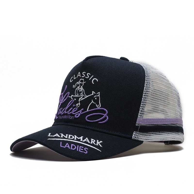 High Quality Custom 5 Panel Curved Brim Applique With Embroidery Patch Logo Blank Stripe Mesh Trucker Hats Baseball Cap - Image 2
