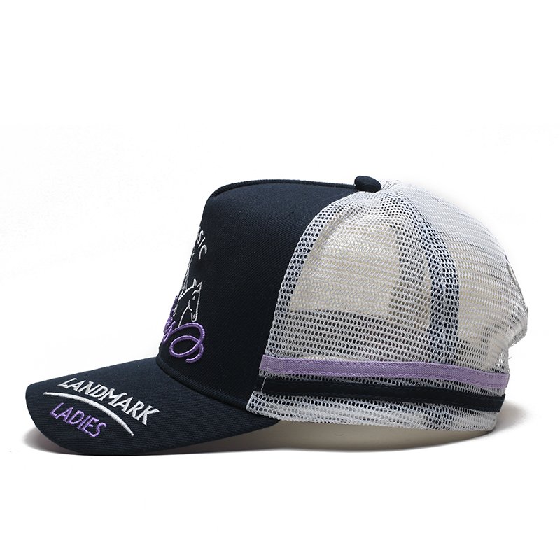 High Quality Custom 5 Panel Curved Brim Applique With Embroidery Patch Logo Blank Stripe Mesh Trucker Hats Baseball Cap - Image 3